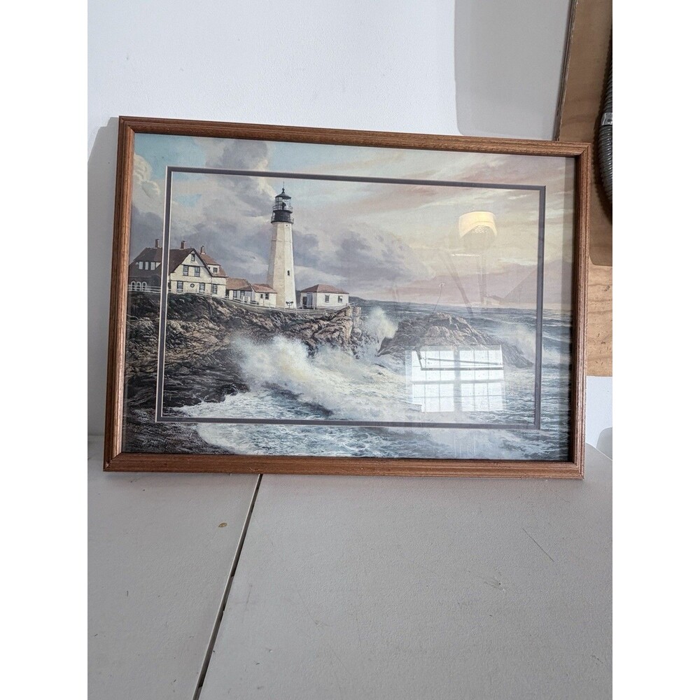 Vintage Framed Lighthouse Seascape Print Coastal Ocean Waves Wood Frame Wall Art